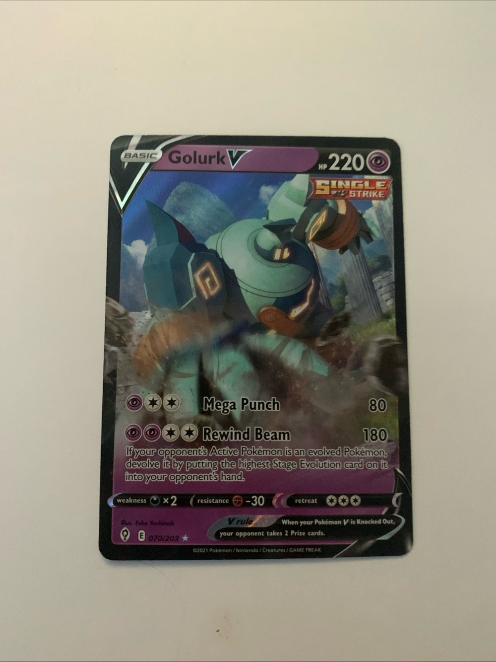 Pokemon Golurk V Holofoil Card - Purple & Teal Artwork